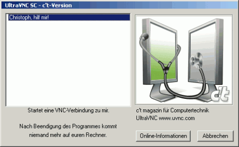 Der One-Click VNC-Server auf Windows XP. Der Hilfesuchende muss das Programm nur starten und die VNC-Verbindung dann über einen Doppelklick initialisieren.